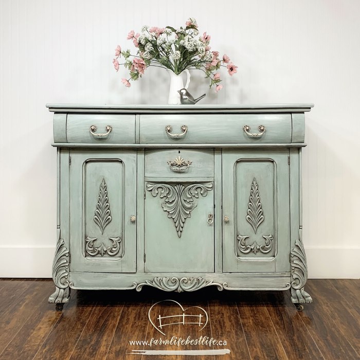 Antique buffet painted in soft pastel blue/green with dark antique glaze