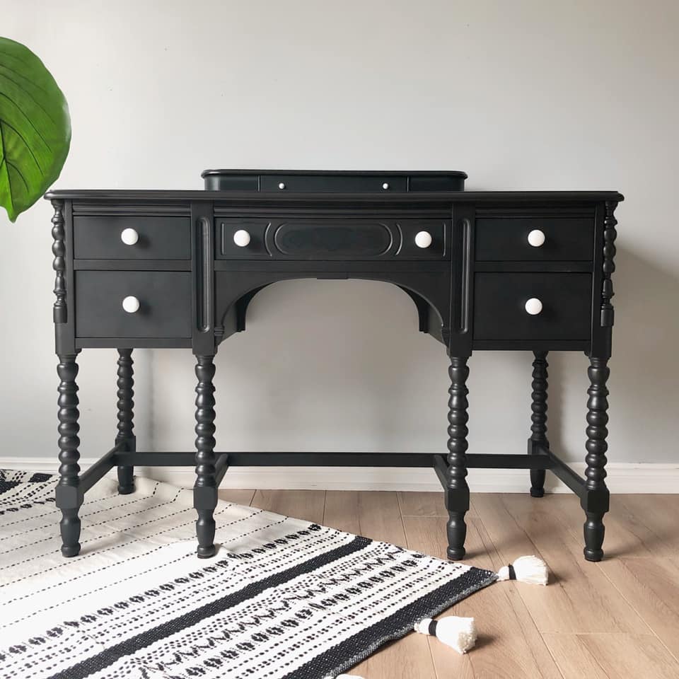 Desk/Vanity in Liquorice with White Ceramic Knobs