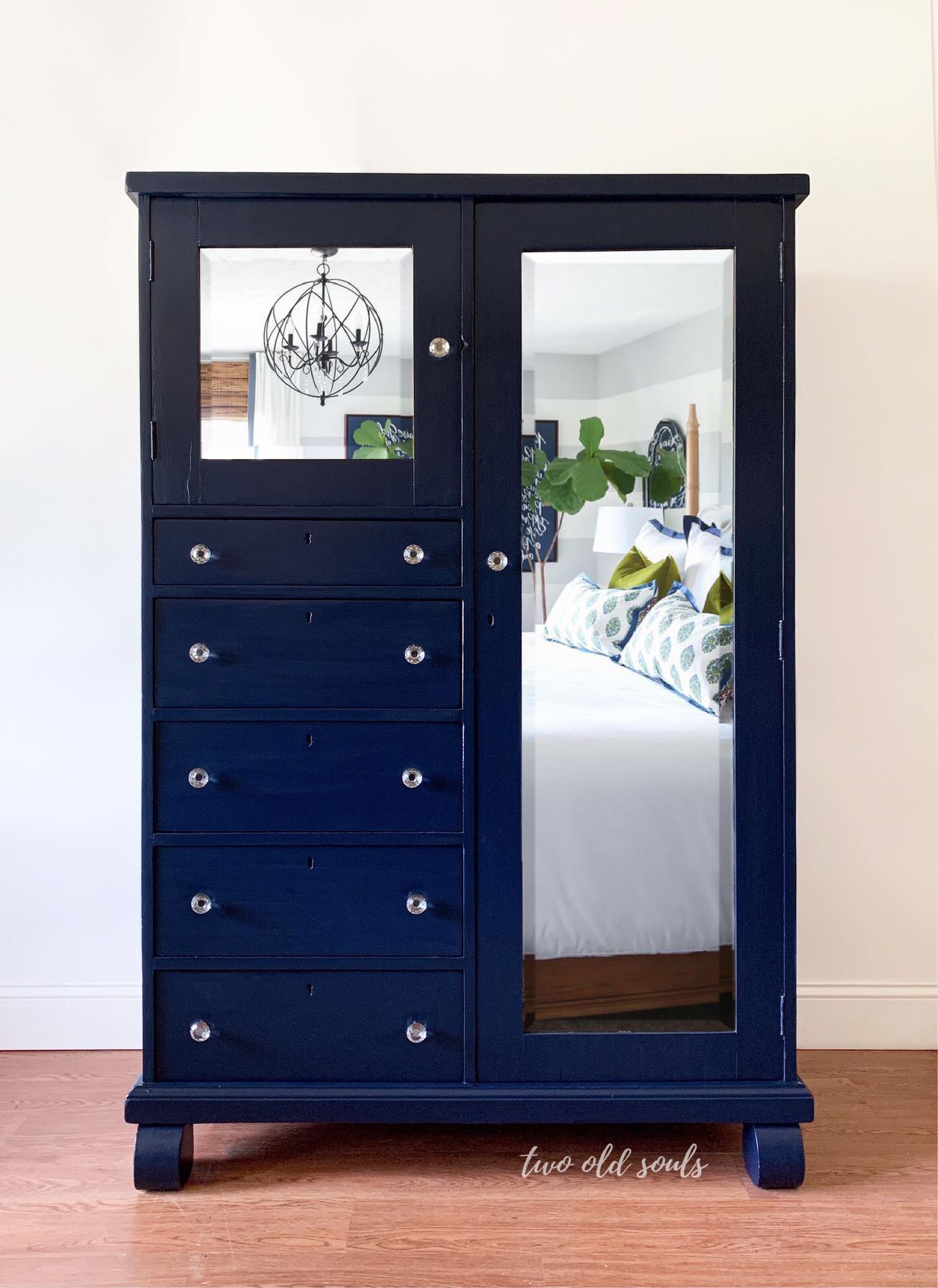 Mirrored Armoire with Drawers in Peacoat