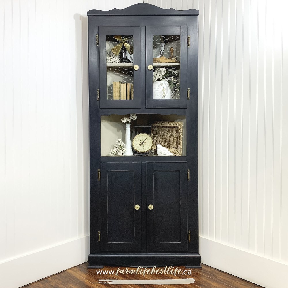 Corner Storage Cabinet with Glass Doors in Liquorice