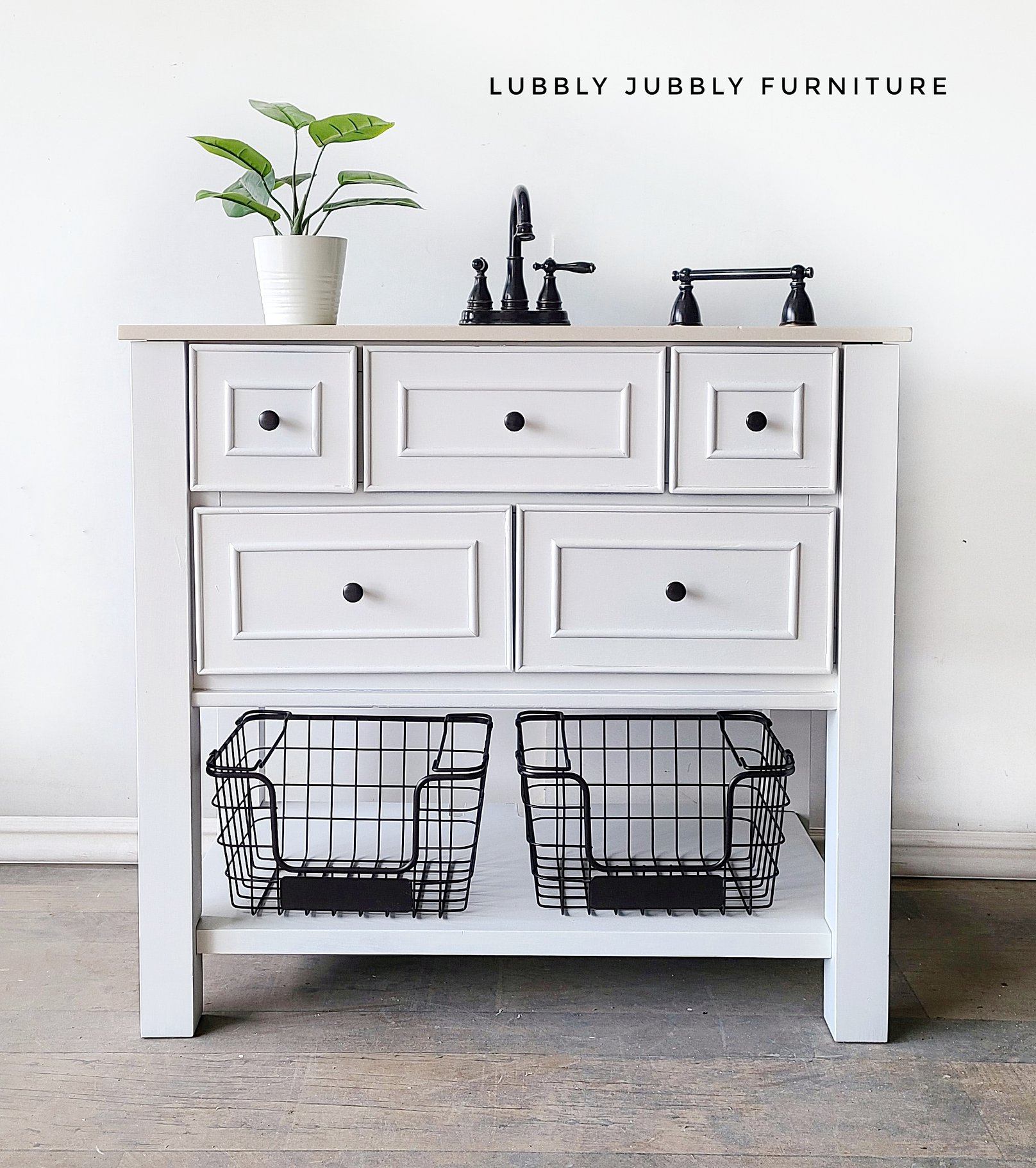 Bathroom Vanity in Simplicity with Wire Baskets and Black Hardware