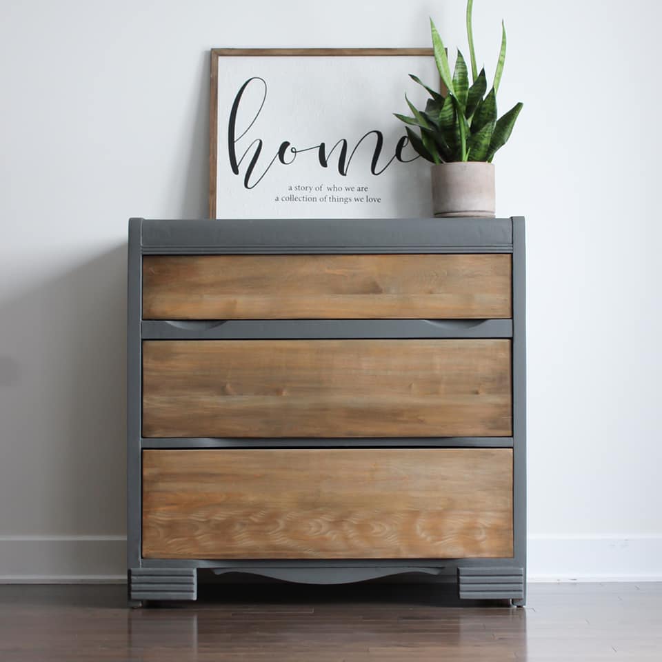 Three Drawer Dresser with Stained Wood Drawers and Cobblestone Accents