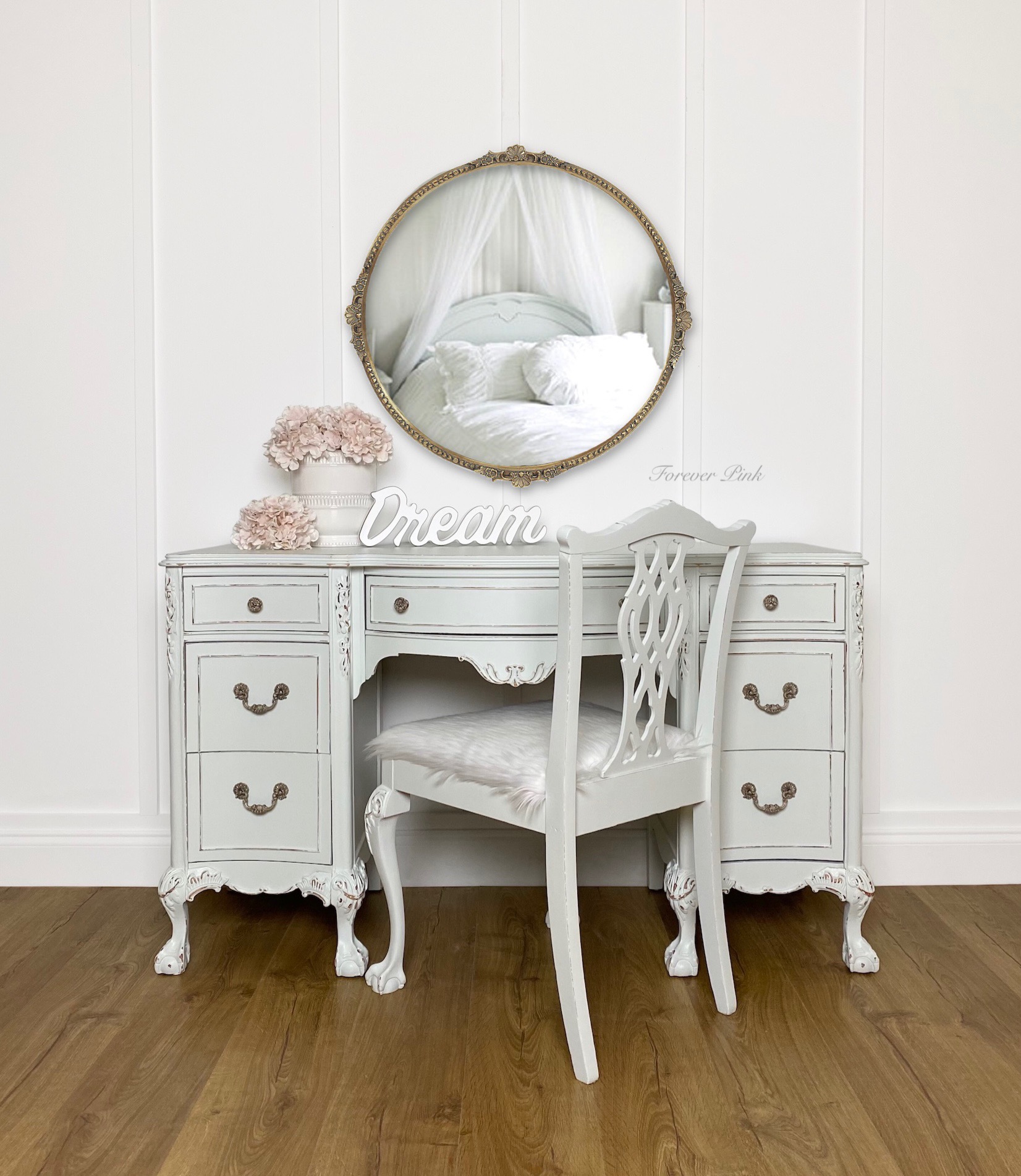 French Provincial Desk and Upholstered Chair in Lazy Linen