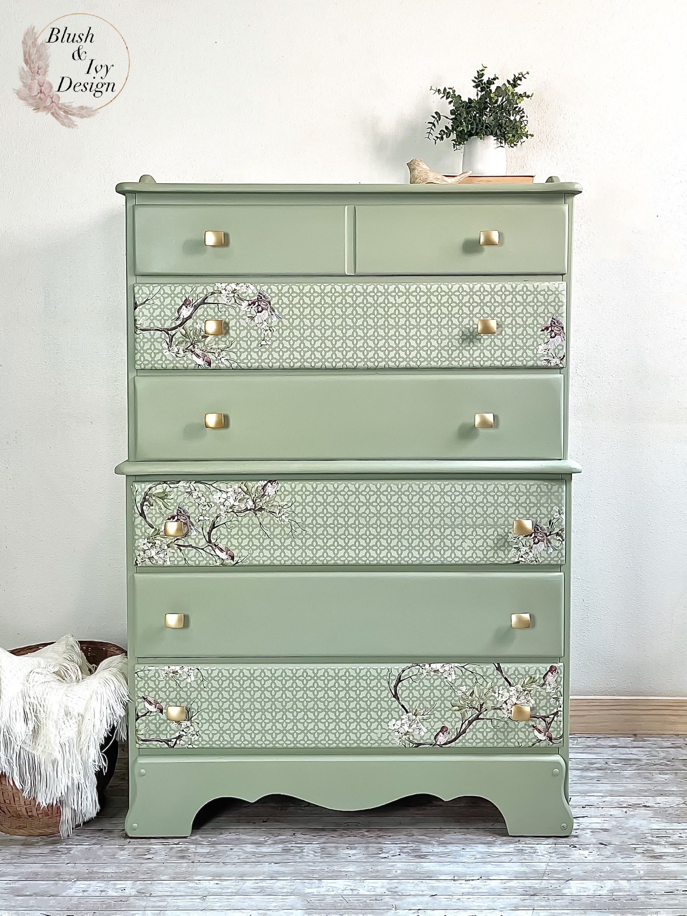 Tall 6 Drawer Dresser in Sage Advice with Floral Stencil