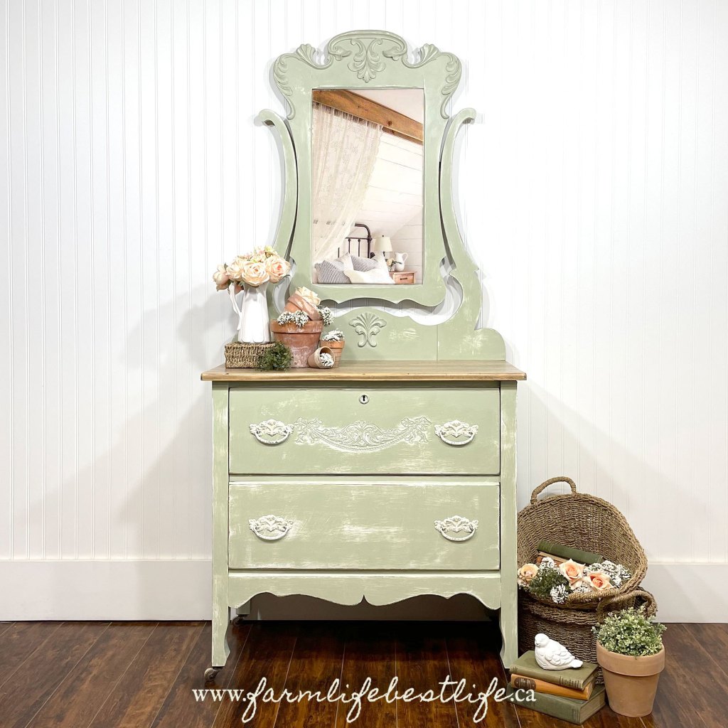 Two Drawer Dresser/Vanity in Sage Advice with White wax and Natural Wood Top