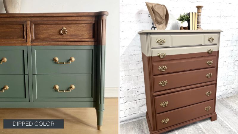 Color blocked dipped furniture. Dark green dresser with stained wood. Chocolate brown dipped tallboy dresser.