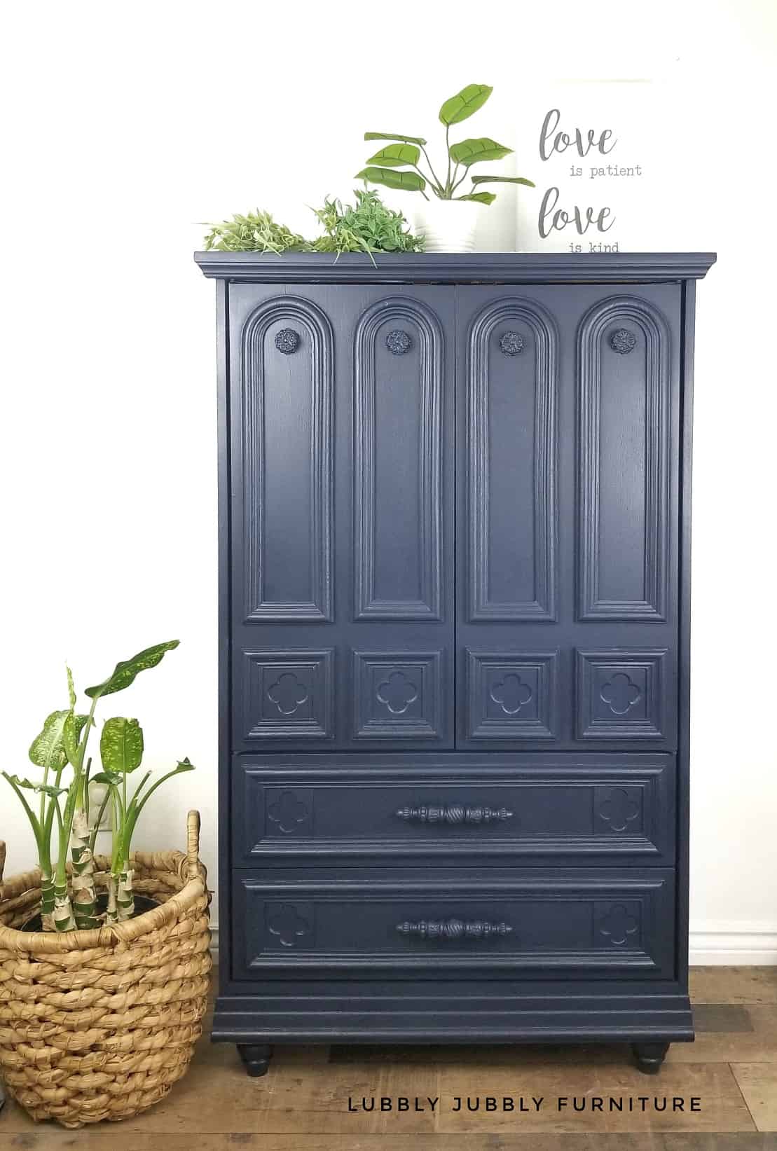 Navy blue satin gloss wardrobe painted with eco-friendly furniture paint in the color, Peacoat by Country Chic Paint