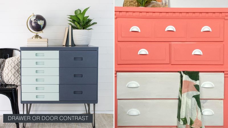 Color blocked furniture. Grey and mint green dresser. Coral pink and off white tallboy dresser