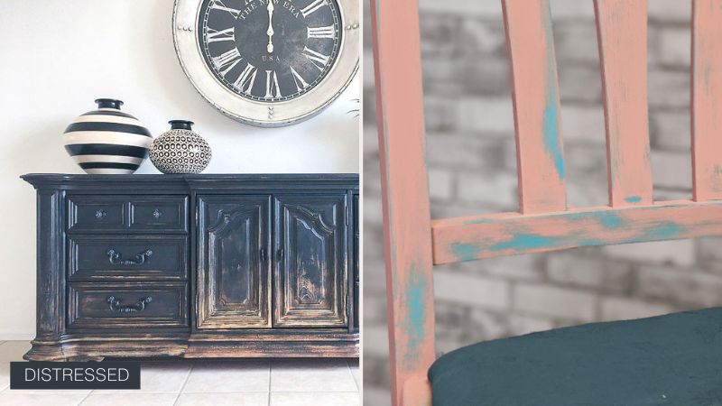 Shabby chic rustic distressed black buffet and pink and blue chair