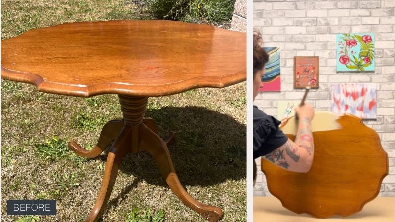 Before photos of table being painted with beige furniture paint