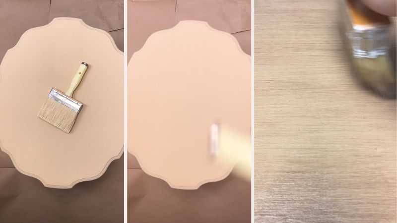 Flatlay collage photos of scalloped edge oval side table painted with beige taupe furniture paint and brown glaze