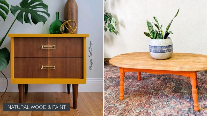 Color blocked furniture with natural wood sections. Mustard yellow mid century modern nightstand with dark stained wood legs and drawers. Bright orange coffee table with natural wood top.