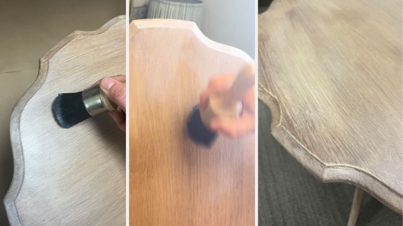 Flatlay collage photos of scalloped edge oval side table being painted with beige taupe furniture paint and brown glaze