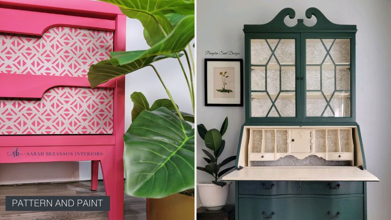 Patterned two-tone furniture with stenciled details - bright pink nightstand with geometric pattern and dark green china cabinet secretary desk with creamy white interior