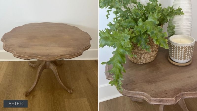 Faux pottery barn finish on round scalloped edge side table