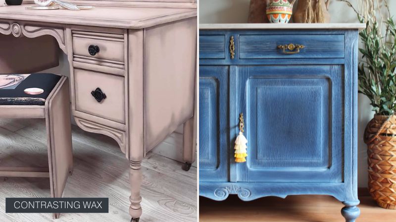 Two-tone furniture with tinted wax - blush pink vanity with antiquing wax and deep blue cabinet with white wax