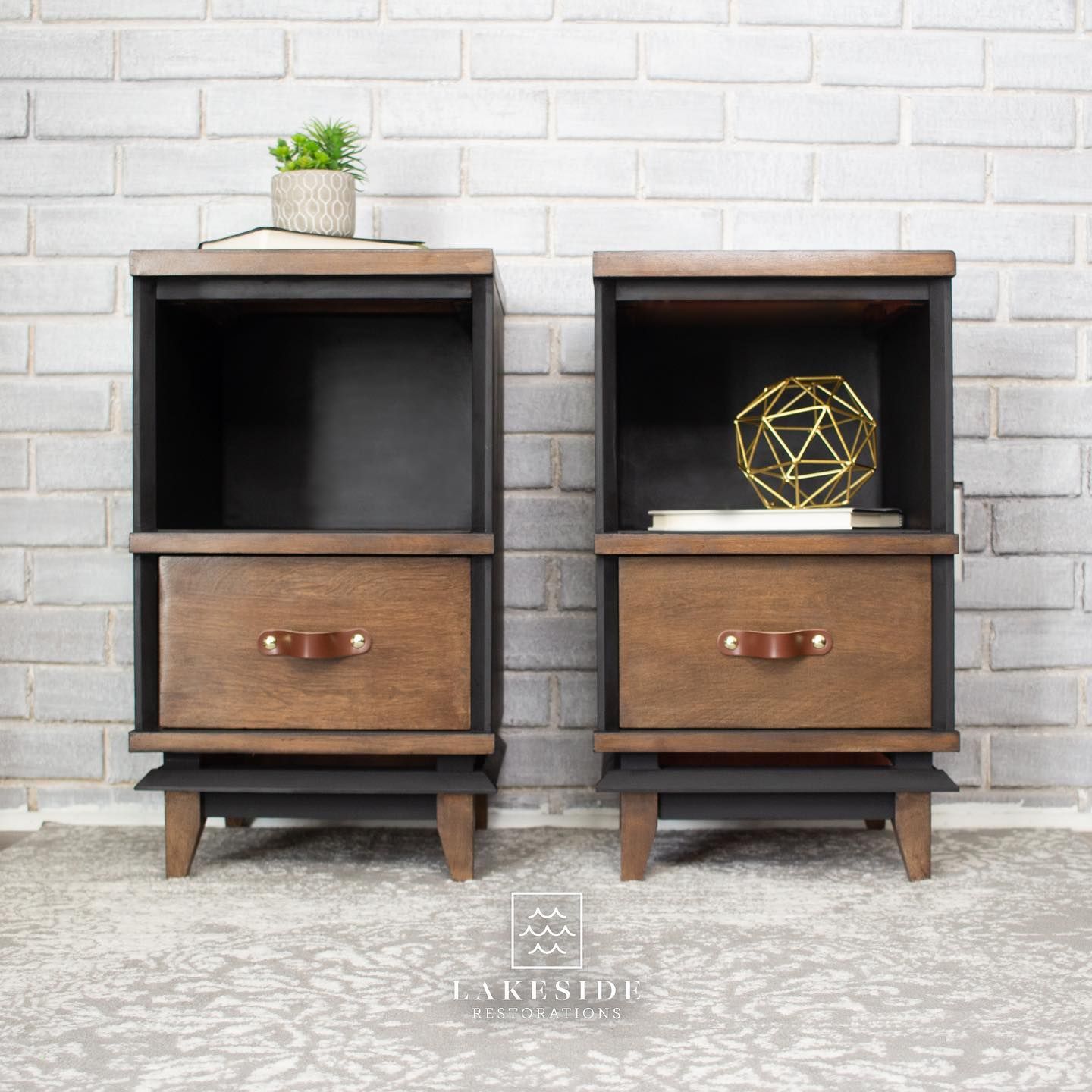 Pair of Accent/Storage Tables in Liquorice with Stained Wood Drawers and Top