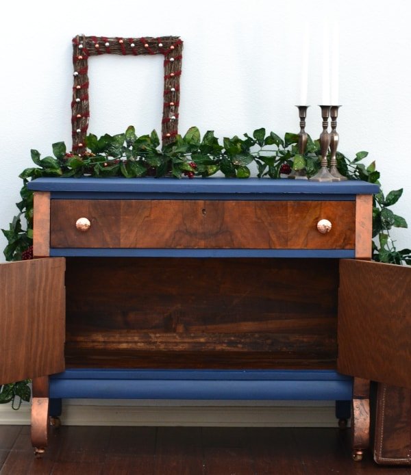 Elegant Hall Cabinet in Peacoat with Dark Wood Doors/Drawers