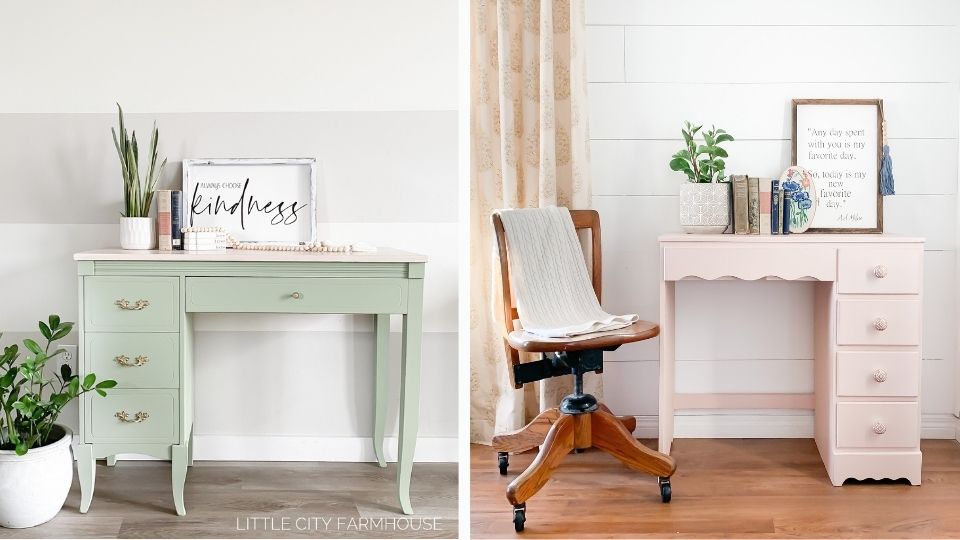 Mint green and blush pink pastel painted desks