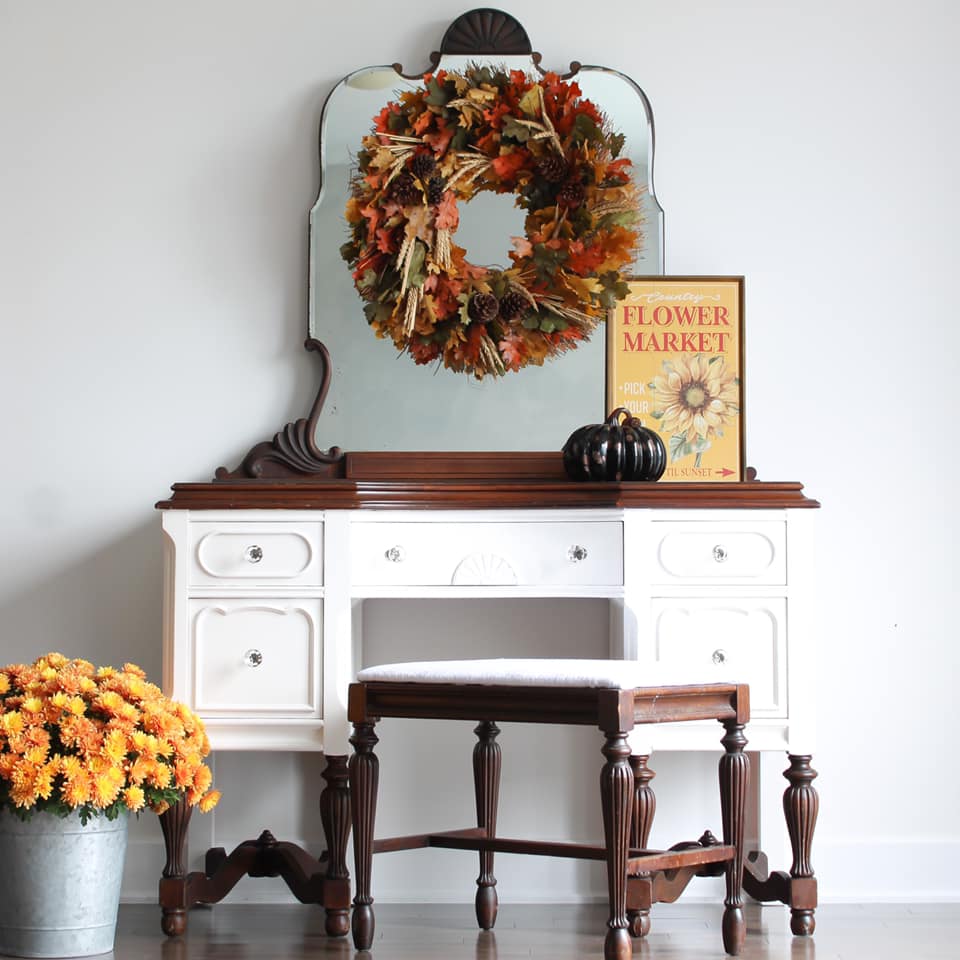 Desk/Vanity with Stool in Crinoline with Dark Wood Accents