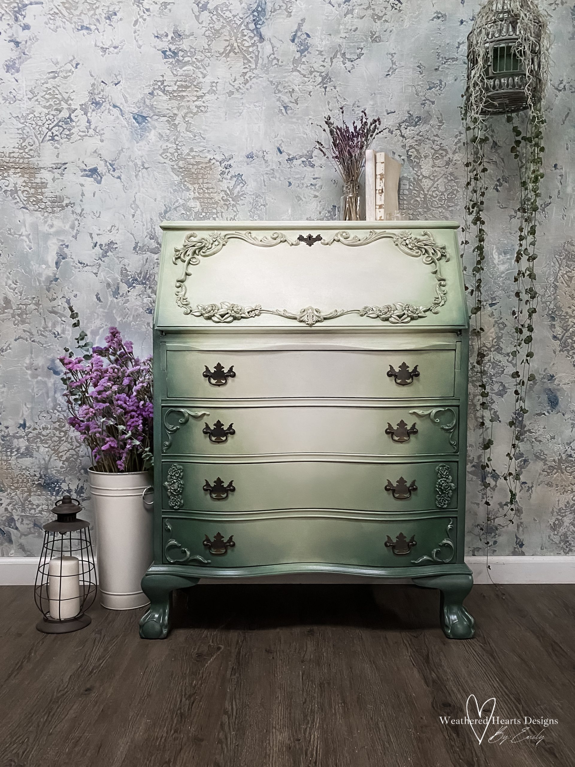 Green blended ombre secretary desk dresser