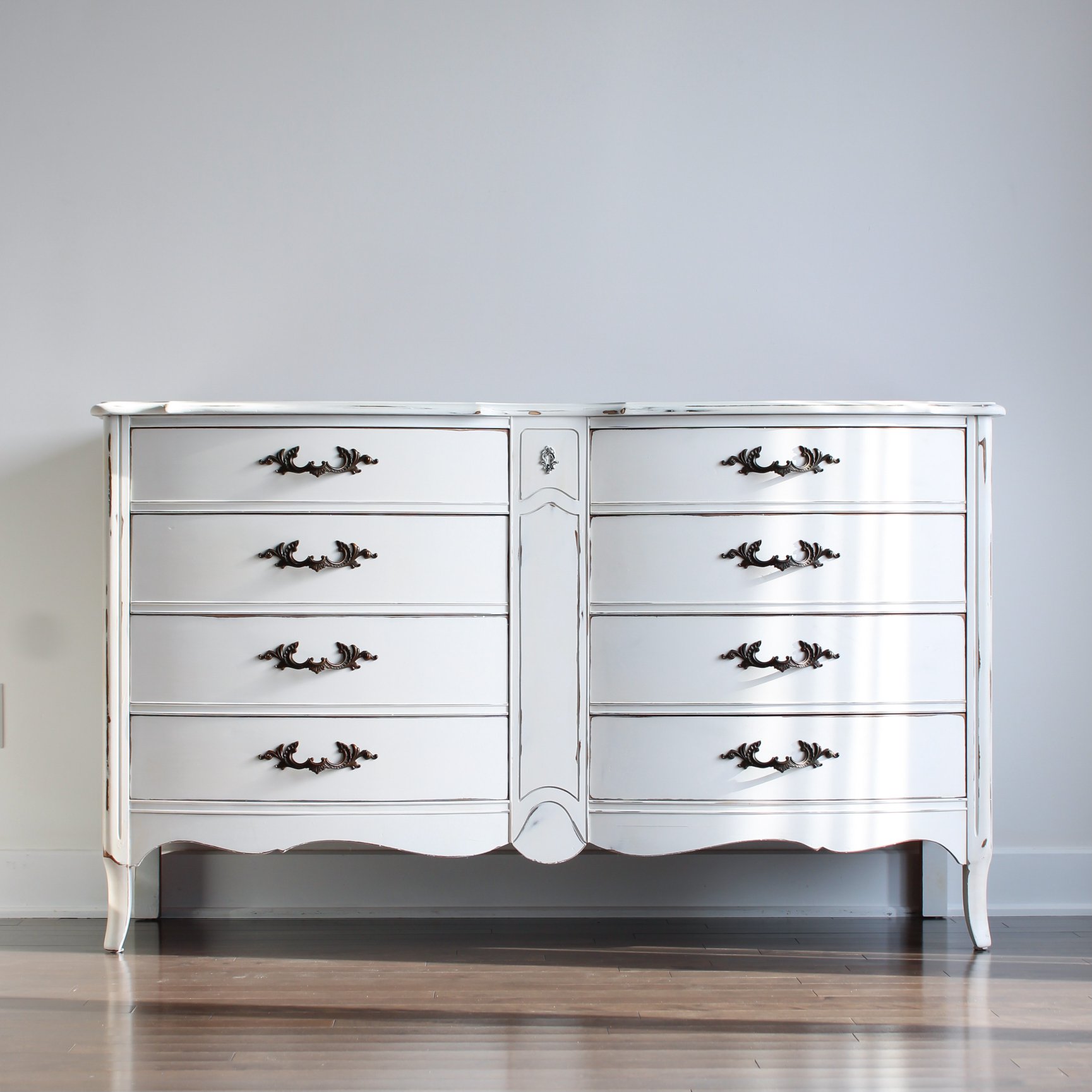 Bow-Front French Provincial Dresser in Crinoline with Clear Coat