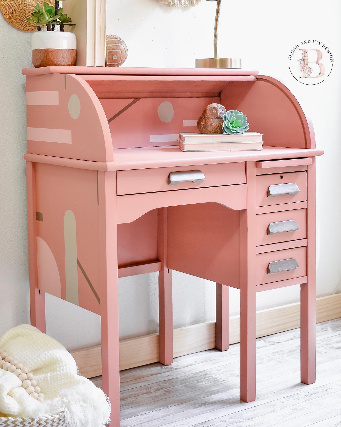 Vintage Roll Top Desk in Peachy Keen with Geometric Designs