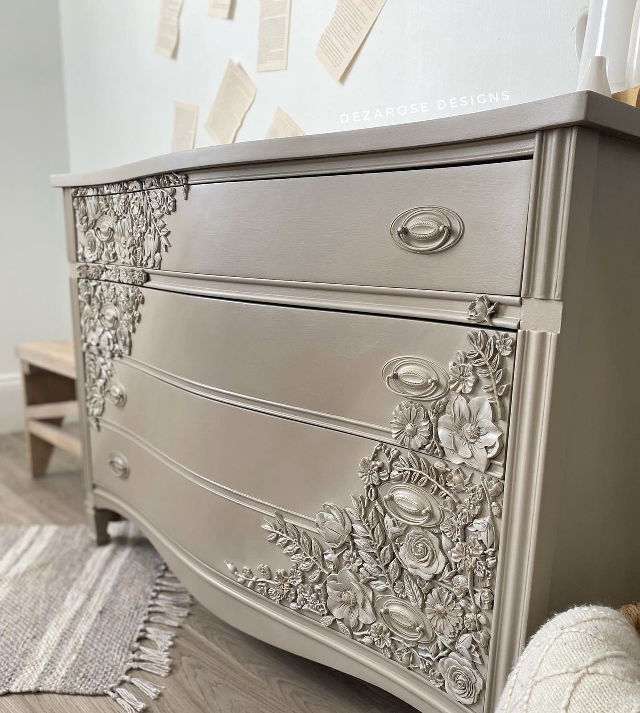 Brown painted dresser with anthropology style dresser with raised floral molds