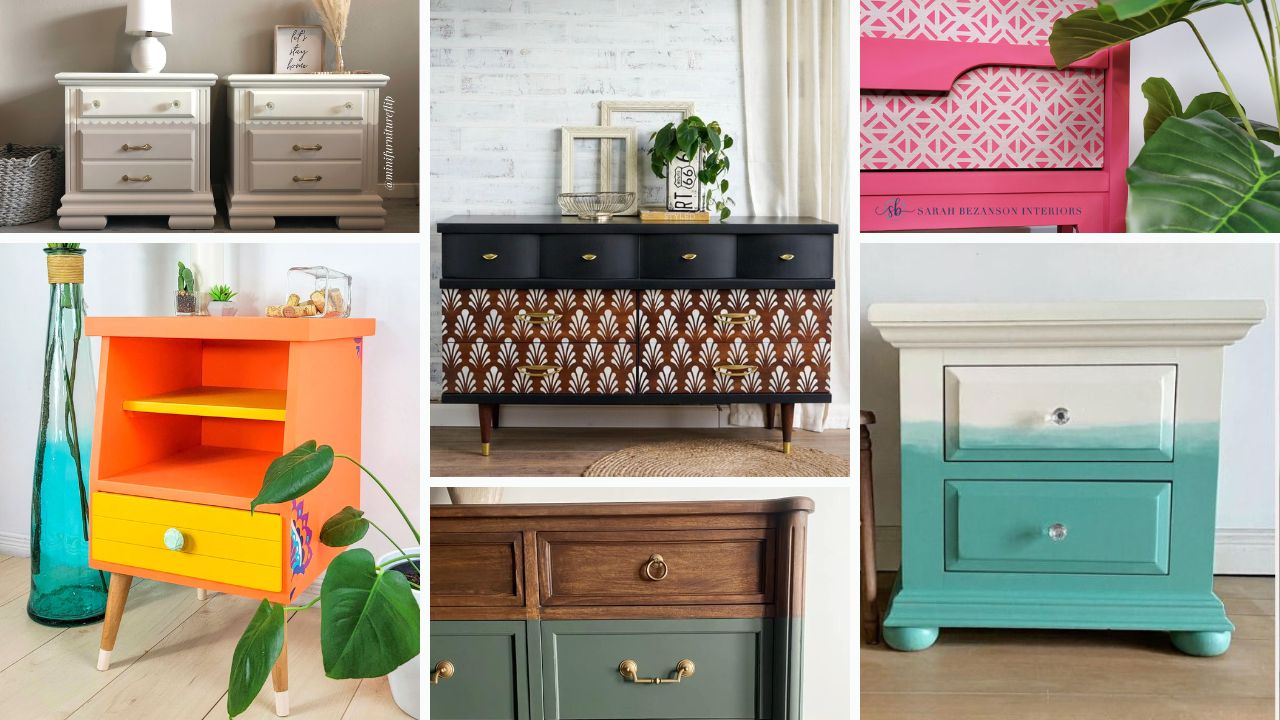 Collage photo of examples of two-tone color blocked painted furniture