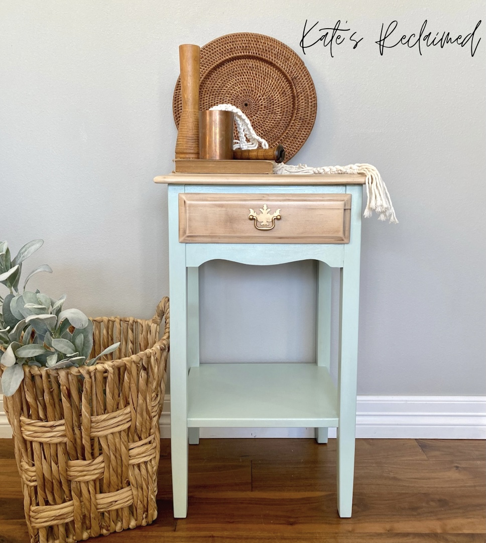 Pastel blue painted end table with whitewashed wood drawer