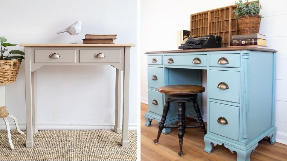 Greige beige and light blue farmhouse style painted desks