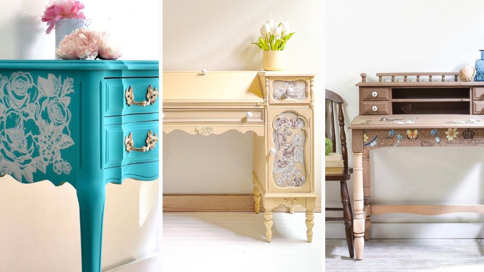 Bright teal, light yellow, and brown floral painted desks