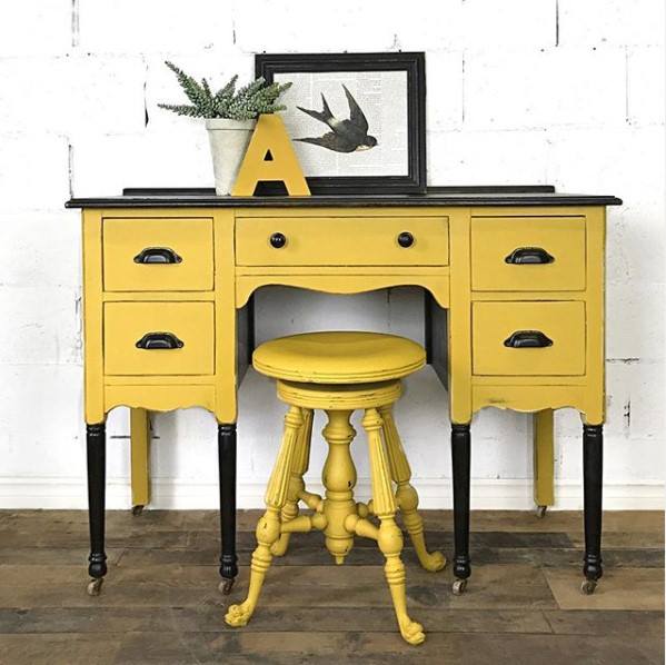 Elegant Desk with Stool in a mix of Fresh Mustard and Rhapsody with Stained Top and Legs