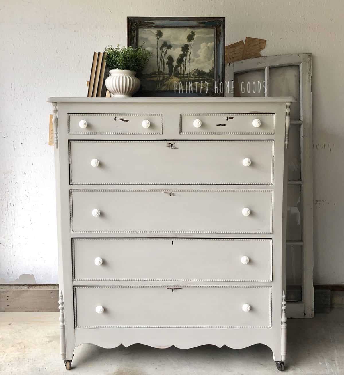 Greige shabby chic vintage distressed tallboy dresser painted with custom grey mixed color furniture paint