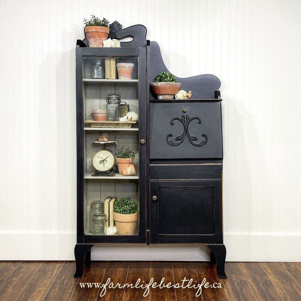 Vintage Storage Cabinet with Glass Door in Liquorice