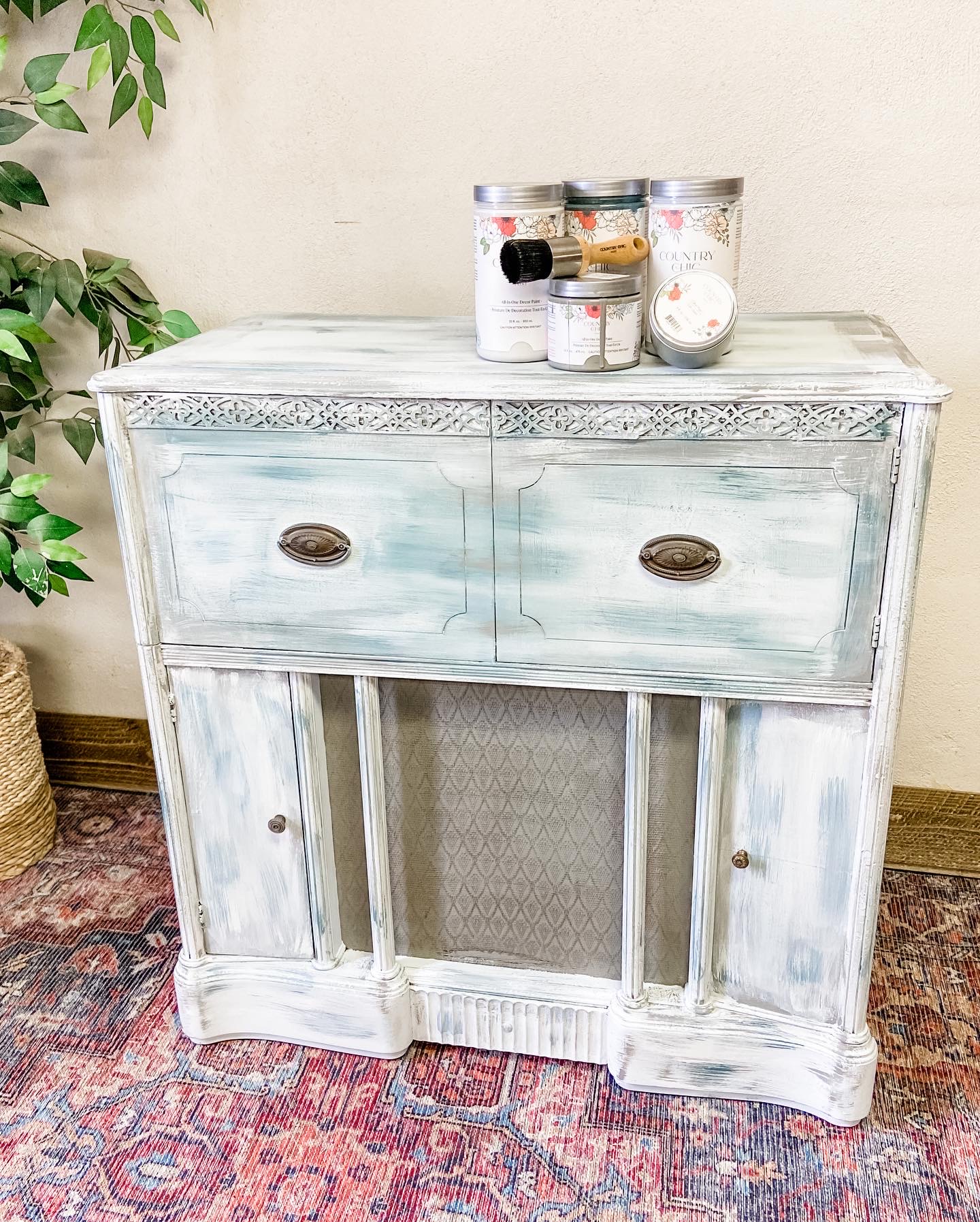 Grey white blended distressed rustic cabinet