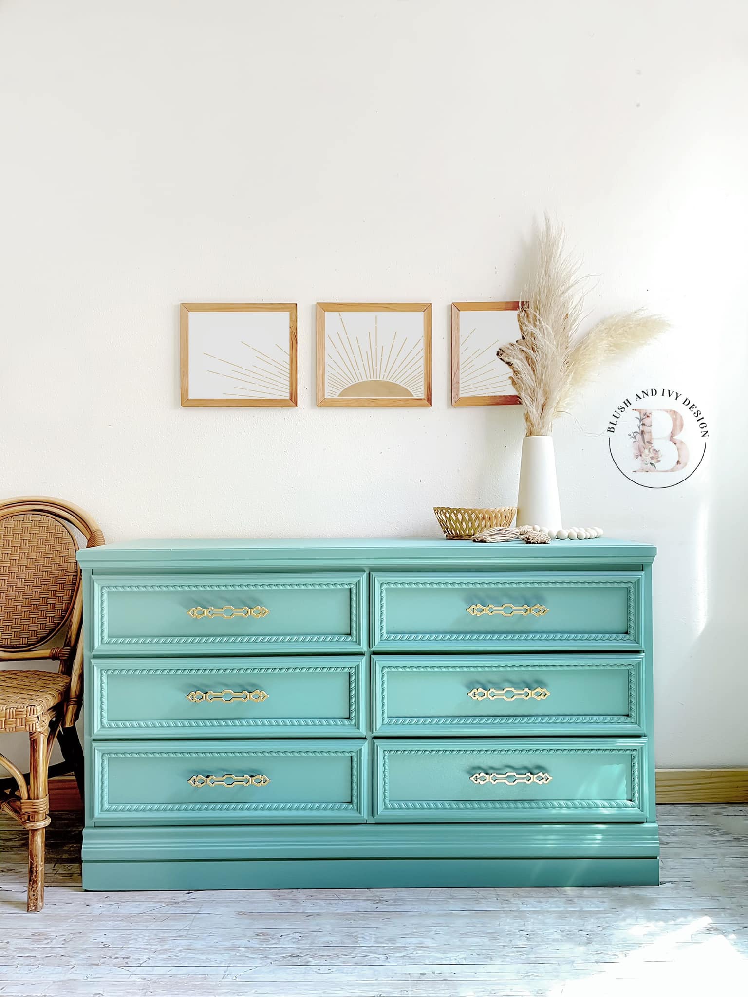 Six Drawer Dresser in Bliss with Gold Hardware