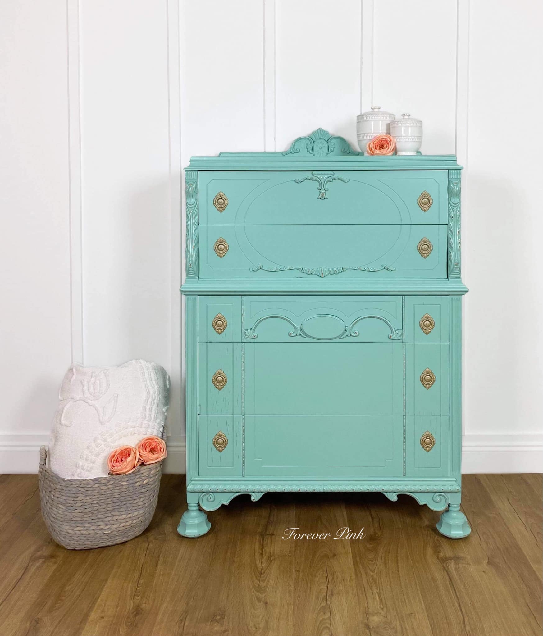 Tall Five Drawer Dresser in Bliss with Gold Hardware