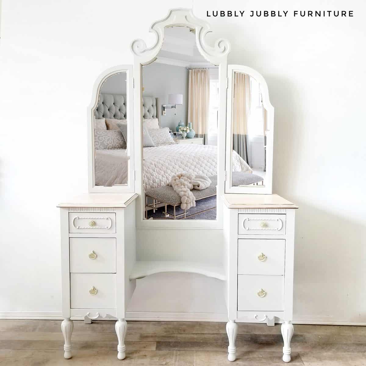 Lazy Linen light grey painted vanity by Megan Redden