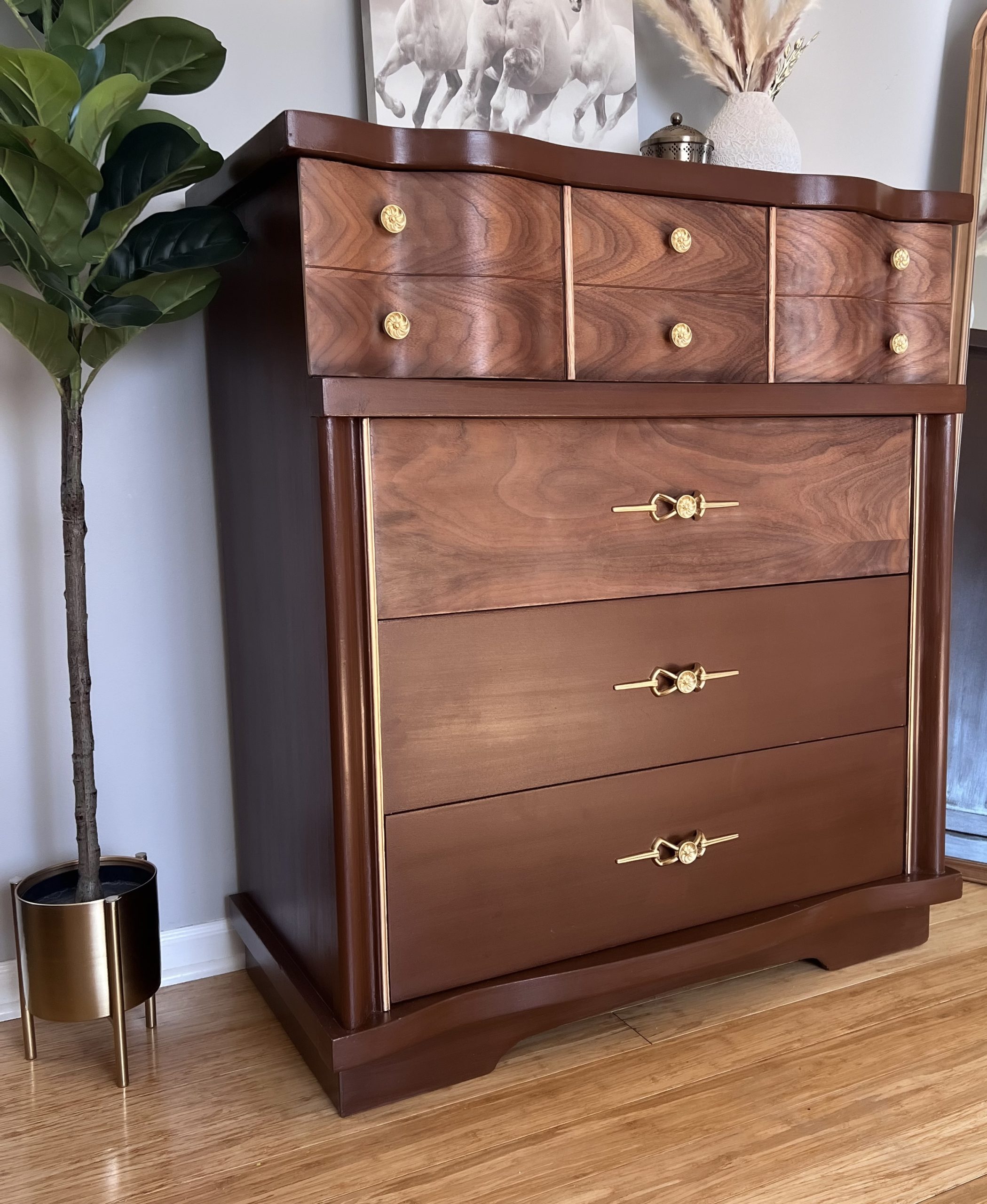 Chocolate brown painted dresser with serpentine drawers