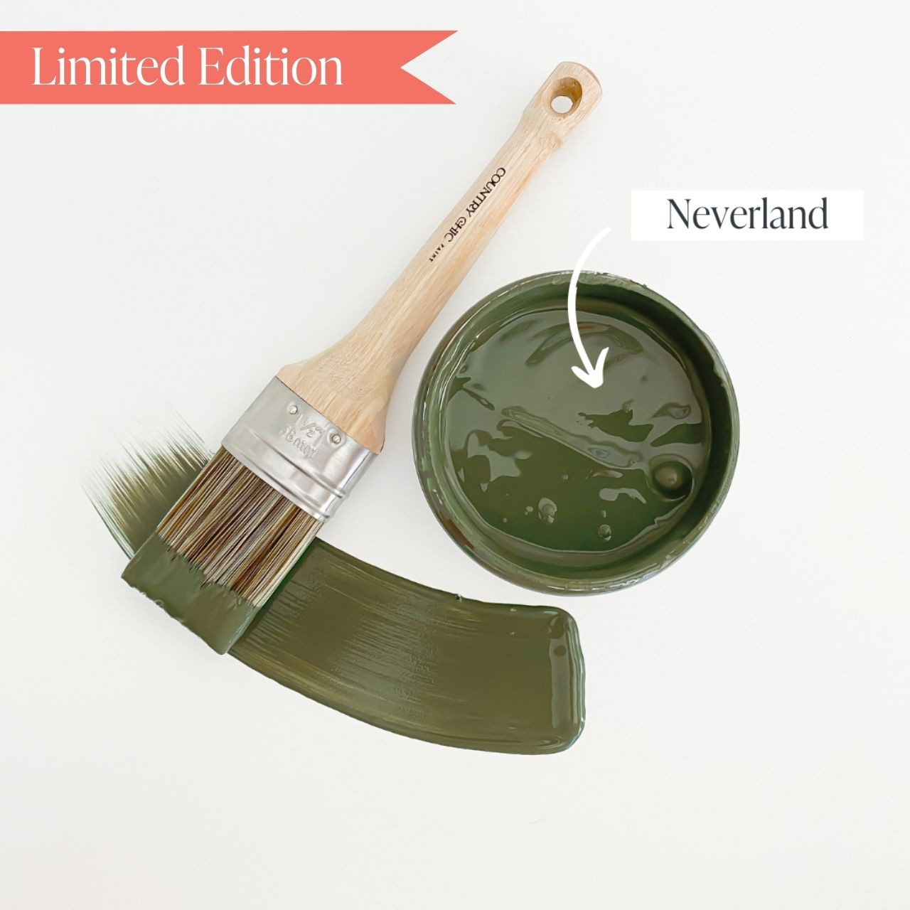 Top view of an open 16oz jar of Country Chic Chalk Style All-In-One Paint in the color Neverland. Olive Green.