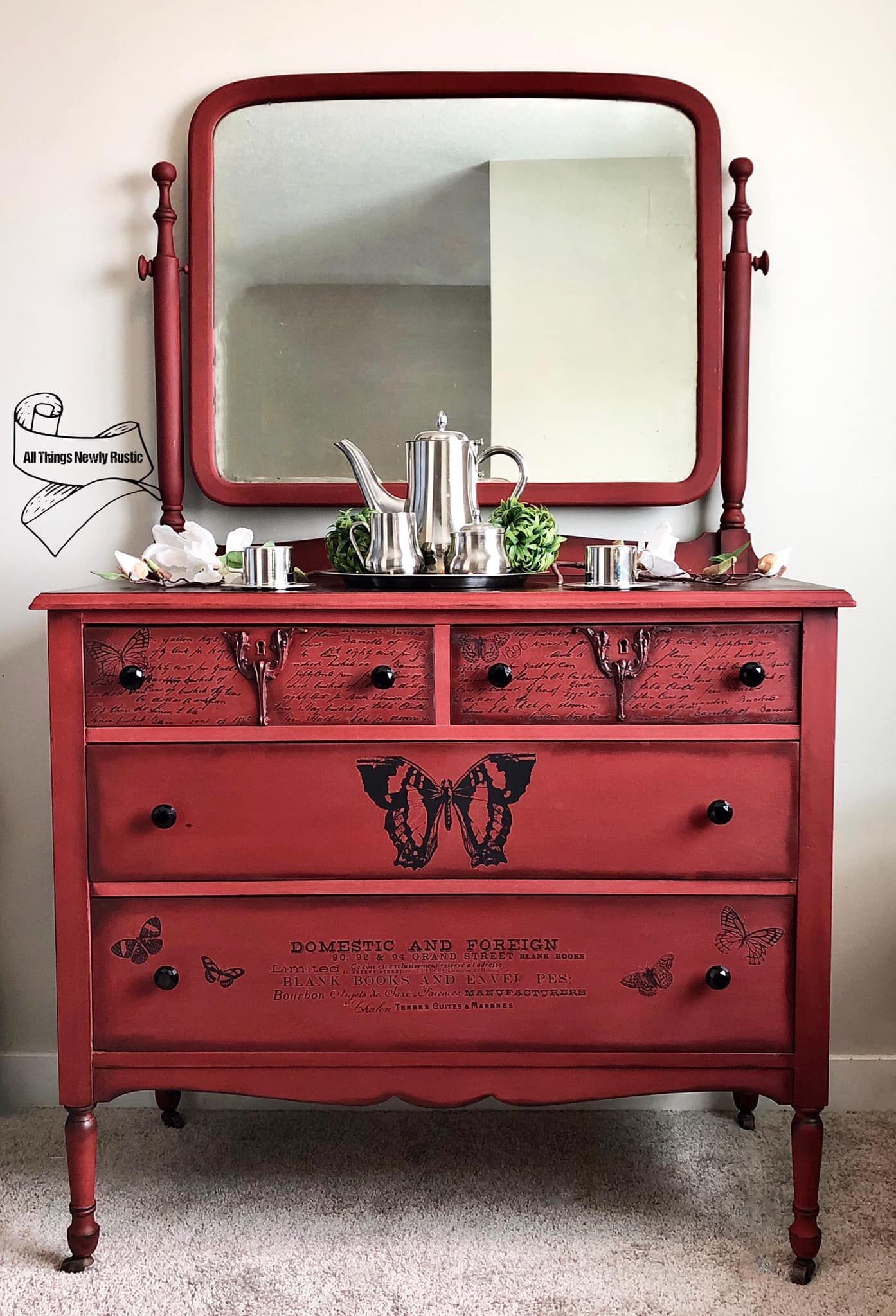 Farmhouse Dresser with Mirror in Paint The Town with Black Wax