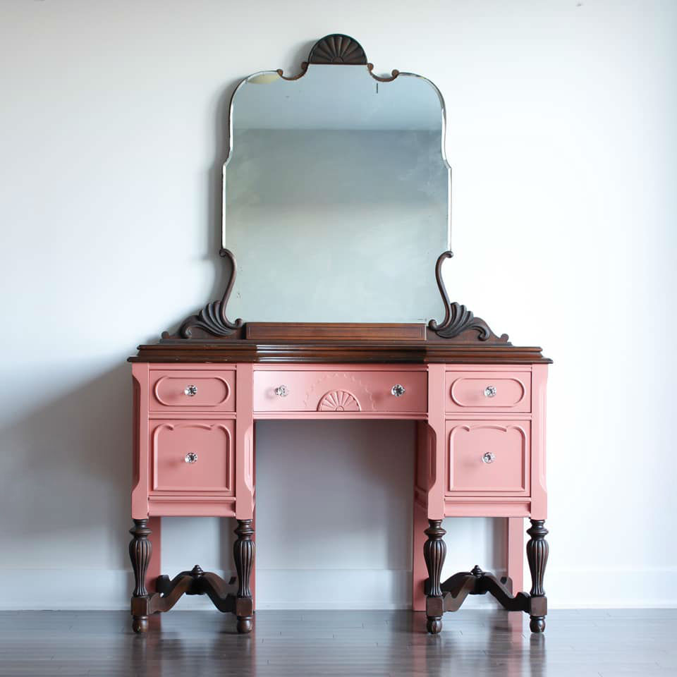 Two-Tone Vanity with Mirror in Peachy Keen and Dark Wood