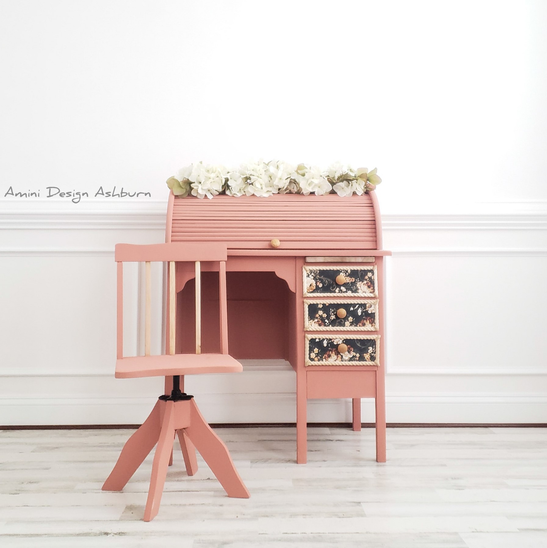 Petite Roll-Top Desk with Library Chair in Peachy Keen