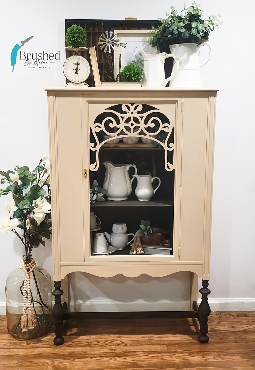 Warm beige tan painted china cabinet in the khaki paint color called Road Trip by Country Chic Paint