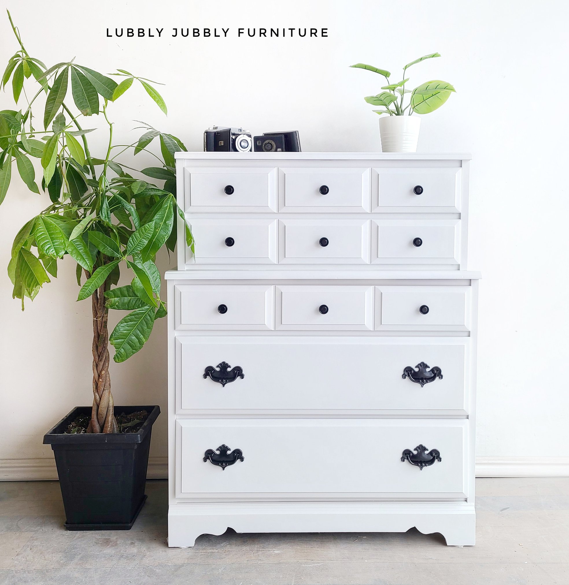 Tall Dresser in Simplicity with Clear Coat and Black Hardware