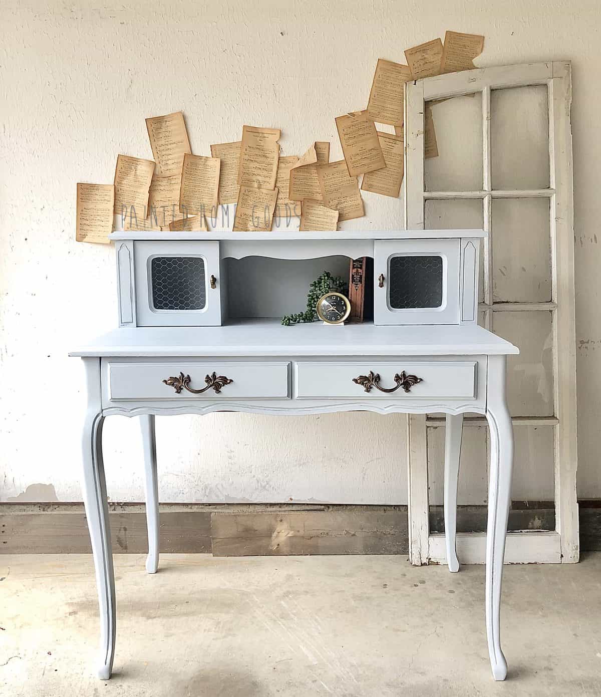 Soft powder blue feminine french provincial desk painted with eco-friendly chalk style furniture paint