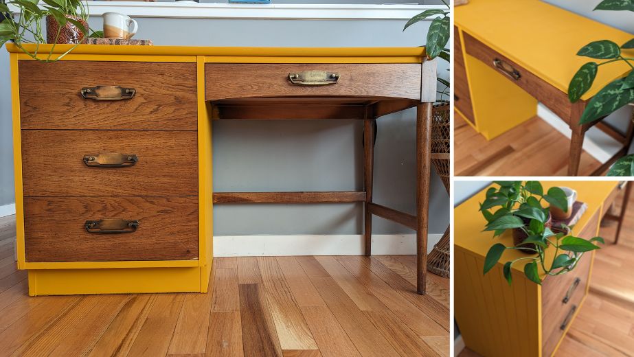 Thrifted laminate desk painted in mustard yellow chalk furniture paint Fresh Mustard by Country Chic Paint