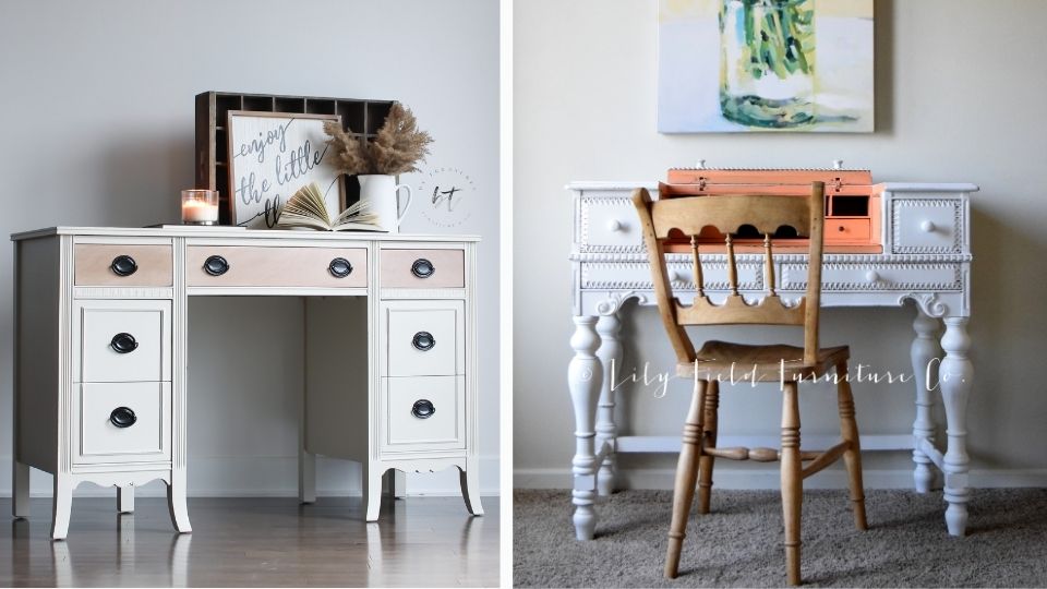 Off white and white with pink painted two-tone desks