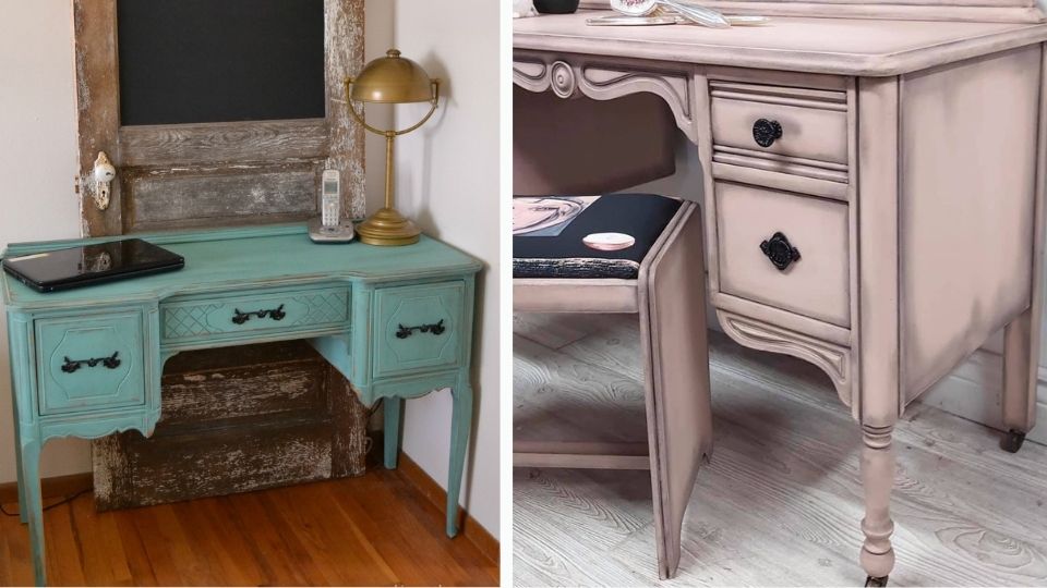 Teal and pastel pink shabby chic distressed desks